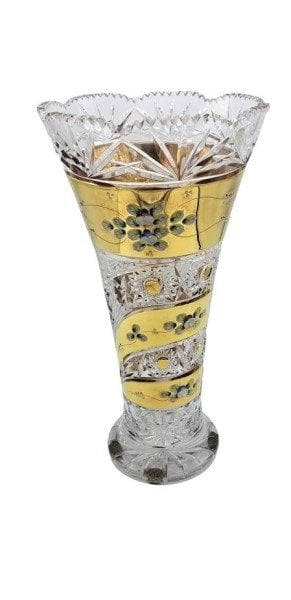 CAESAR- KRİSTAL VAZO ALTINLI MİNELİ  DETAYLI ŞEFFAF  41 CM
