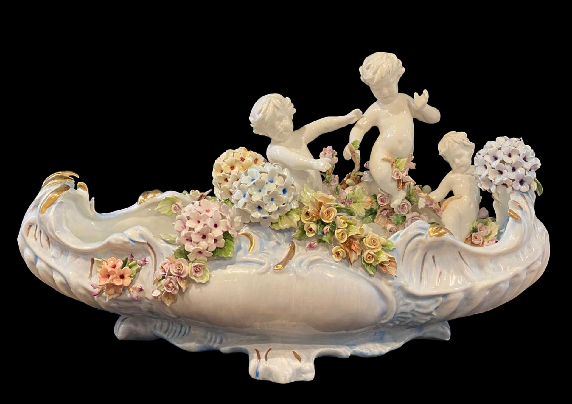 I BORBONE-EL İŞİ KAPODİMONTE GONDOLDA MELEKLER VE ÇİÇEKLER- OLD POT ANGELS AND FLOWERS