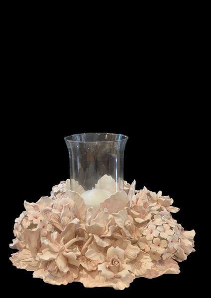 I BORBONE-EL İŞİ KAPODİMONTE PEMBE GÜLLER VE ORTANCALAR KOMPOZİSYONLU ŞAMDAN-  ROUND FLAMBEAU HYDRANGEAS