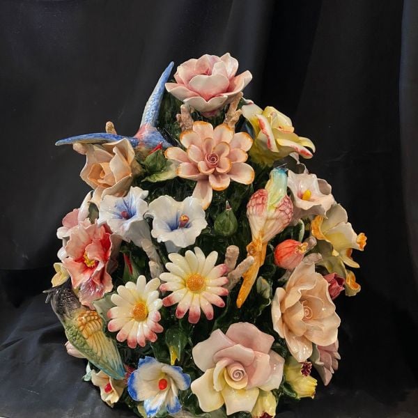 I BORBONE-EL İŞİ KAPODİMONTE KUŞLU BİTKİSEL OBJE- CENTERPIECE FLOWERS AND BIRDS