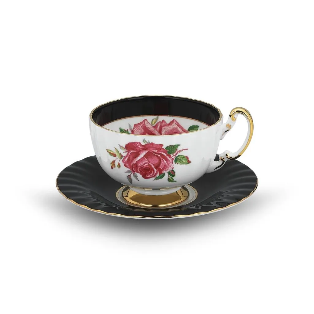 Aynsley Big Pink Cabbage Rose Çay Fincanı Glaze Siyah
