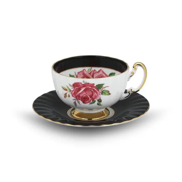 Aynsley Big Pink Cabbage Rose Çay Fincanı Glaze Siyah