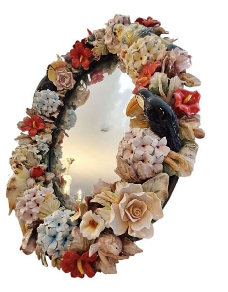 I BORBONE- EL İŞİ KAPODİMONTE DUVAR AYNASI- MUHTELİF KUŞ,  ÇİÇEK DEKORLU