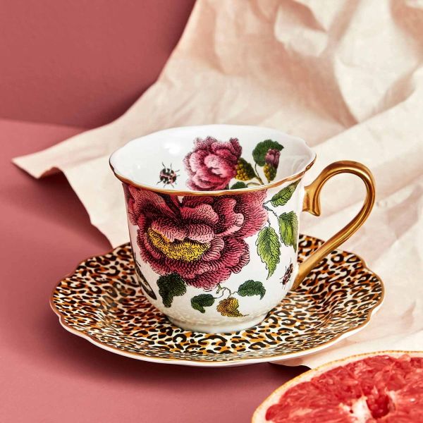SPODE CREATURES OF CURIOSITY ÇAY FİNCANI VE TABAK BEYAZ&LEOPAR