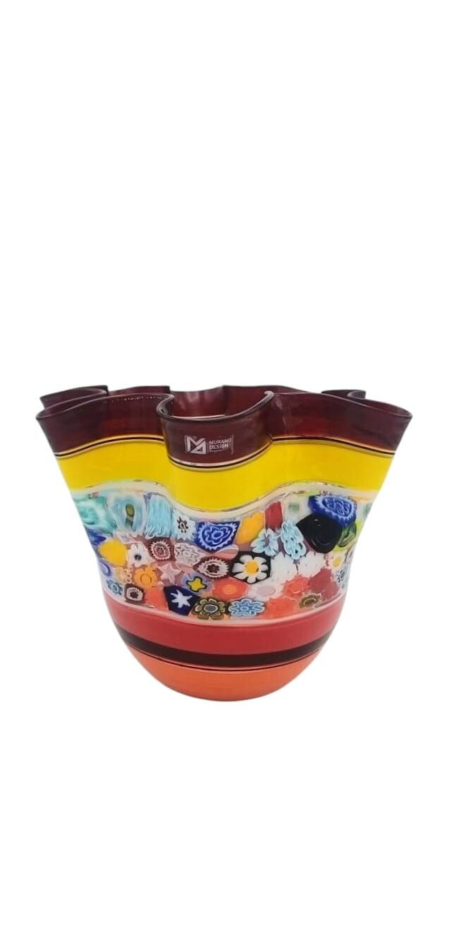 Murano 27- fazzoletto  medio canna murrine-Küçük Renkli, ağzı dalgalı Çanak h:13 cm