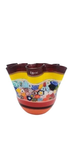 Murano 27- fazzoletto  medio canna murrine-Küçük Renkli, ağzı dalgalı Çanak h:13 cm