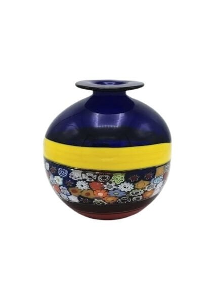 Murano Vazo  Palla Canna Murrine Yuvarlak ağızlı küp  Lacivert Ağızlı
