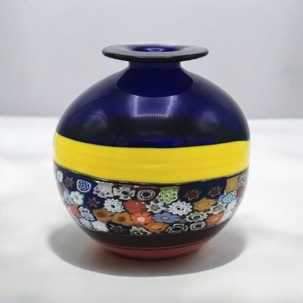 Murano Yuvarlak Vazo Lacivert Ağızlı