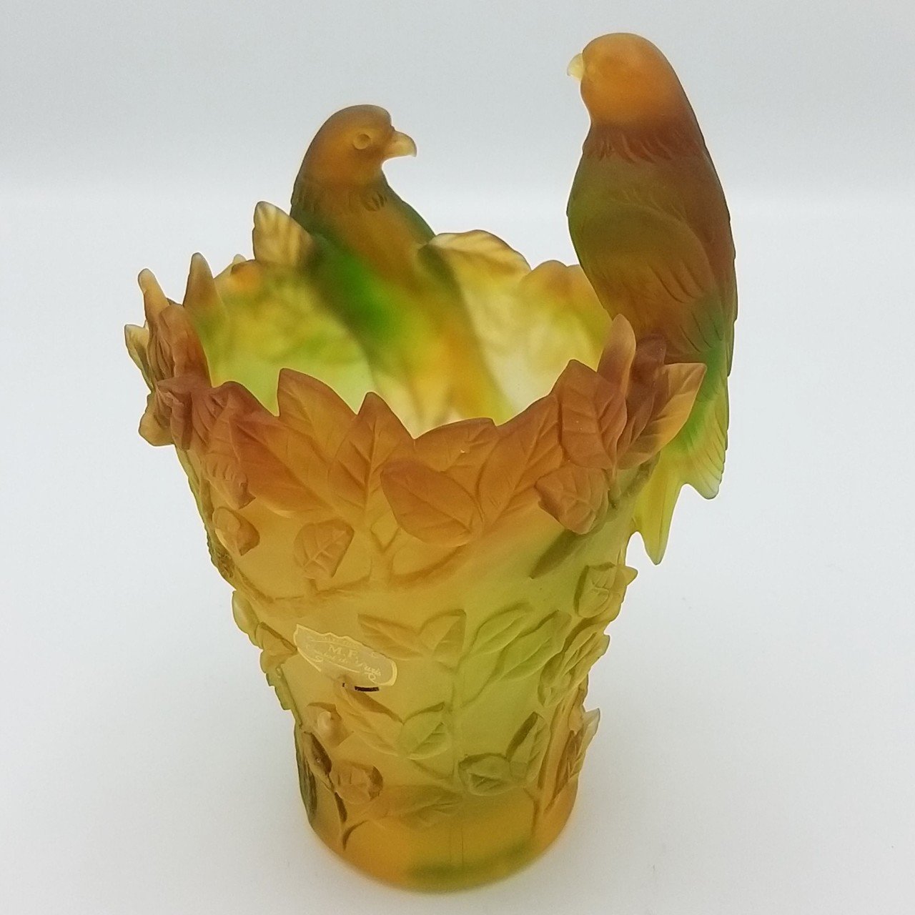 CRISTAL DE PARIS-İKİ PAPAĞANLI  MOR-YEŞİL VAZO (YENİ)