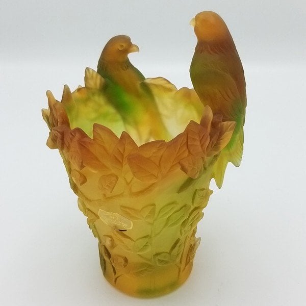 CRISTAL DE PARIS-İKİ PAPAĞANLI  MOR-YEŞİL VAZO (YENİ)